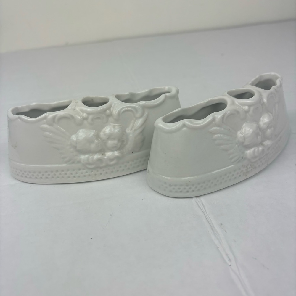 Vintage Dresden Crown D/cherub china candle/flower frog holders-set(2)